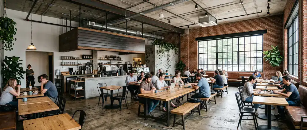 Wide view of our industrial chic cafe interior