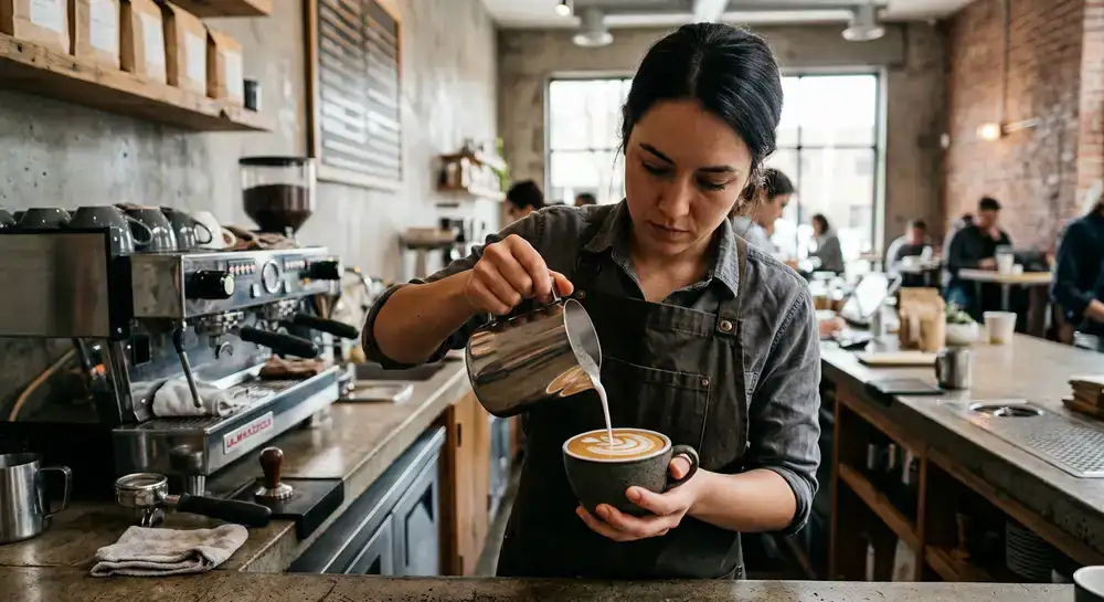 A skilled barista meticulously pouring latte art