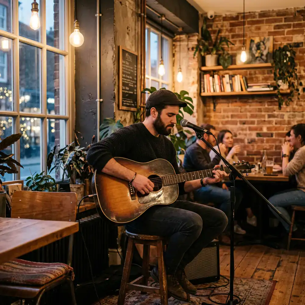 Local musician playing guitar in a warm cafe corner