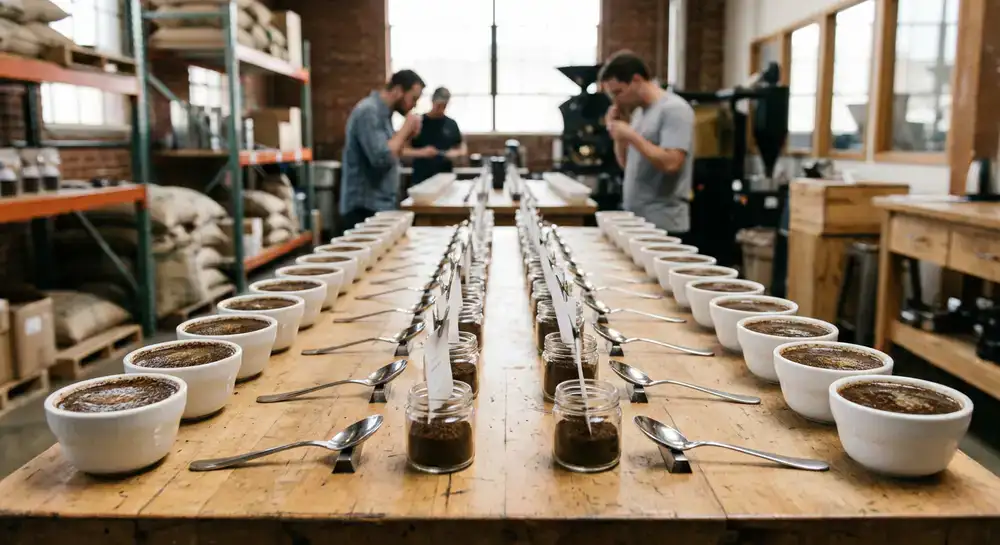 Rows of coffee cups set up for a professional tasting