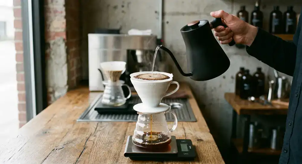 Close up of a pour over coffee brewing process