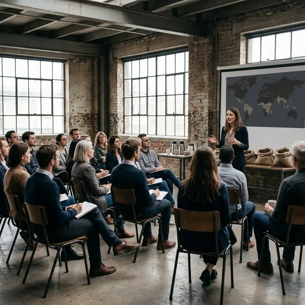 Guests listening to a presentation about coffee origins