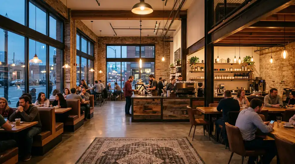 Wide view of the modern, warm cafe interior during evening hours