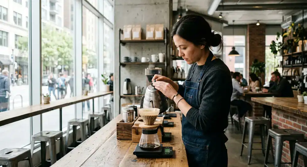 Barista meticulously preparing a pour-over coffee in our bright urban cafe