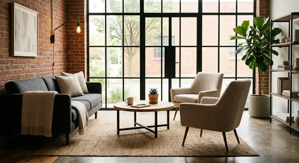 Cozy seating area with warm lighting and minimalist furniture