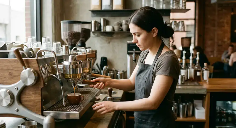 Barista pulling a shot of espresso at the modern brewing station