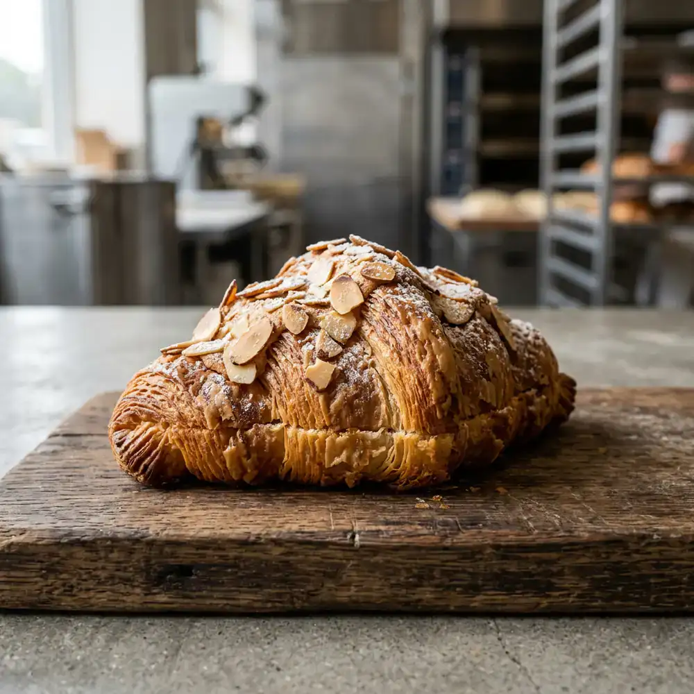 Close up of a flaky almond croissant