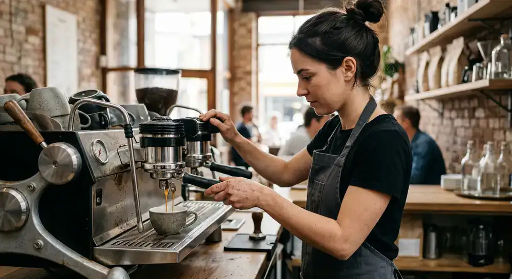 Barista extracting a rich espresso shot