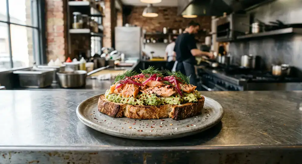 Thick slice of artisan sourdough toast with toppings