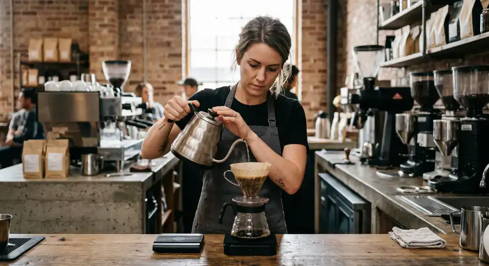 Barista carefully pouring water over a V60 coffee dripper