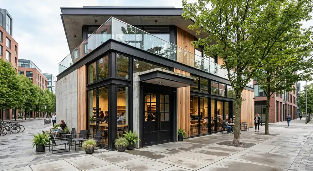 Exterior of the flagship coffee shop featuring modern architectural details