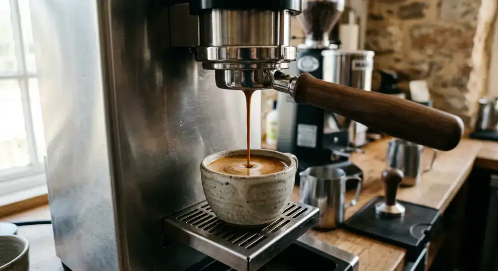 Rich espresso pulling into a ceramic cup