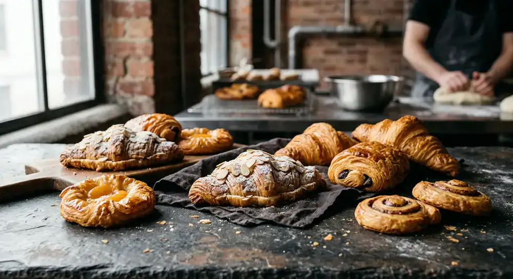 Selection of fresh flaky pastries on a dark stone counter